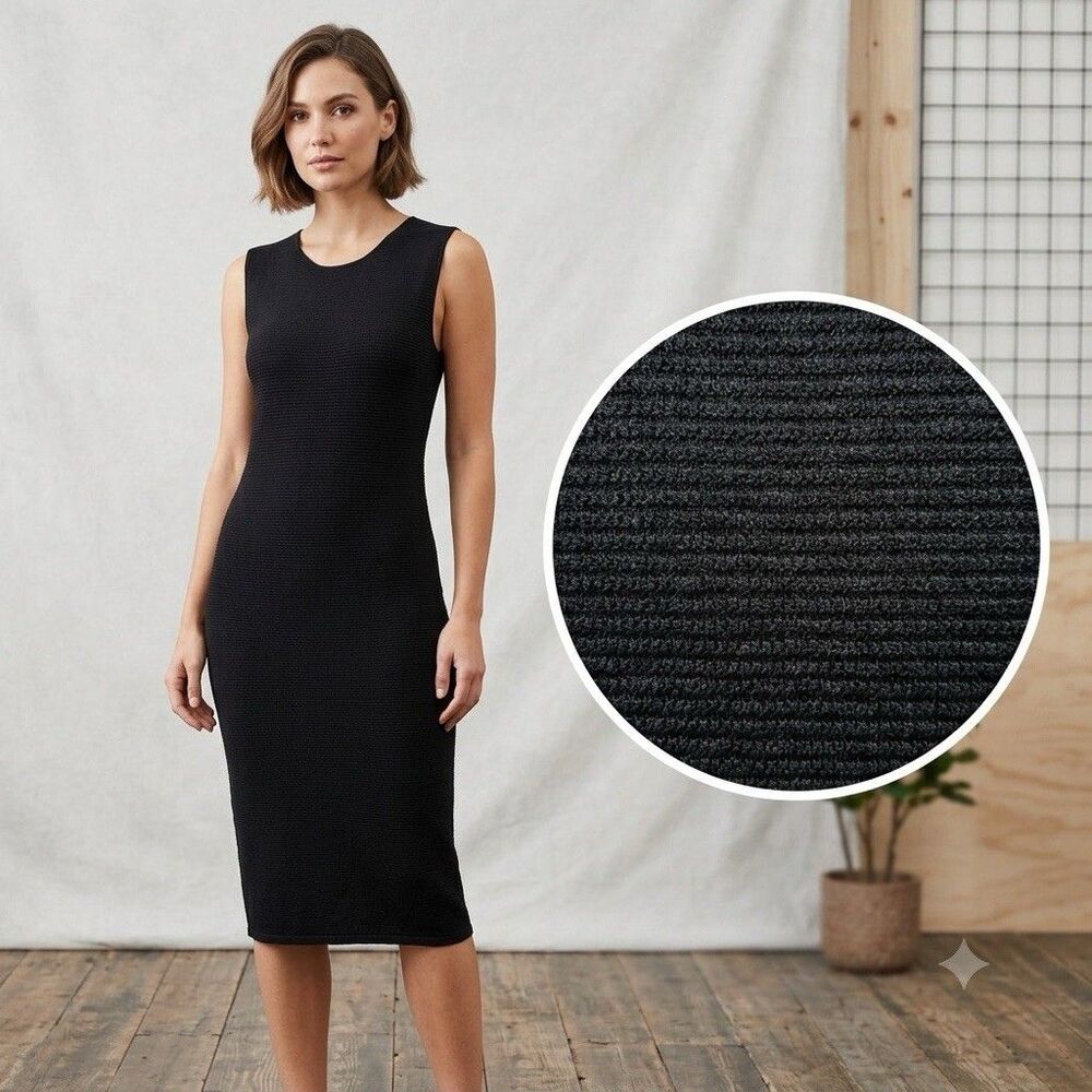 Womens Black Textured Knit Midi Bodycon Dress Sleeveless Back Zip Classic Small